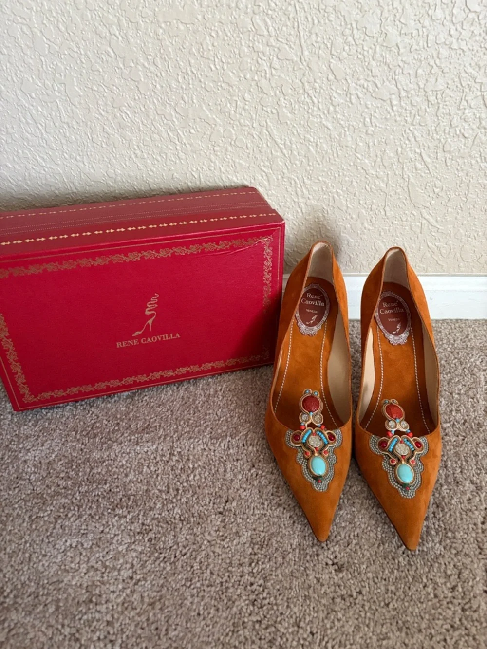 Rene Caovilla Orange Suede Embellished heels NIB size 39 made in Italy - Picture 4 of 7